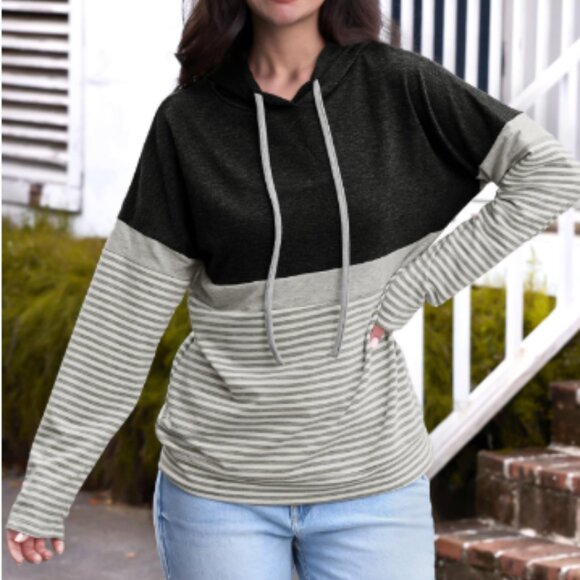 Butgood Women's Color Block Hoodie Long Sleeve Shirt SZ XL Gray/Black/Cream - Picture 1 of 8